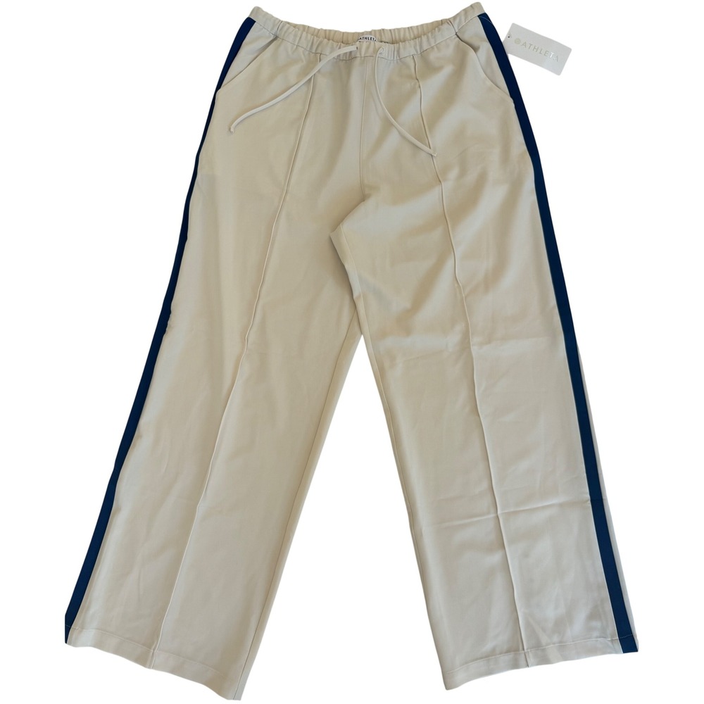 Athleta MVP Wide Leg Pants Large White Blue Side Stripe Eco Friendly Comfy NWT